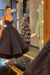 Black Ball Gown Prom Dress Sleeveless Spaghetti Straps Tea Length Sequined Evening Dress