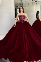 Black Ball Gown Prom Dress Sleeveless Strapless Evening Dress With Lace Appliques