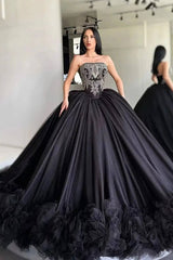 Black Ball Gown Prom Dress Sleeveless Strapless Evening Dress With Lace Appliques