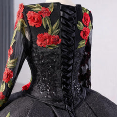 Black Ball Gown Quinceanera Dress Long Sleeves Red Rose Sweet 16 Dress