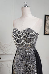 Black Beaded Formal Dress Strapless Sheath Wedding Party Dress with Panel Train