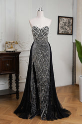 Black Beaded Formal Dress Strapless Sheath Wedding Party Dress with Panel Train