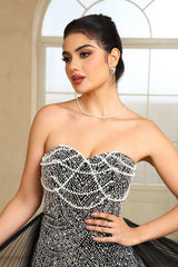 Black Beaded Formal Evening Dress Strapless Sheath Prom Wedding Party Dress with Panel Train