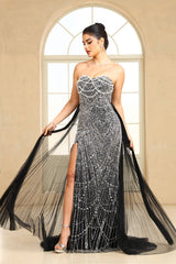Black Beaded Formal Evening Dress Strapless Sheath Prom Wedding Party Dress with Panel Train