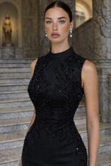 Black Beaded Mermaid Prom Dress with High Neck Halter