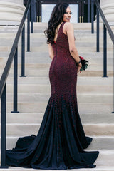 Black Burgundy Prom Dress Mermaid Beaded Formal Dress