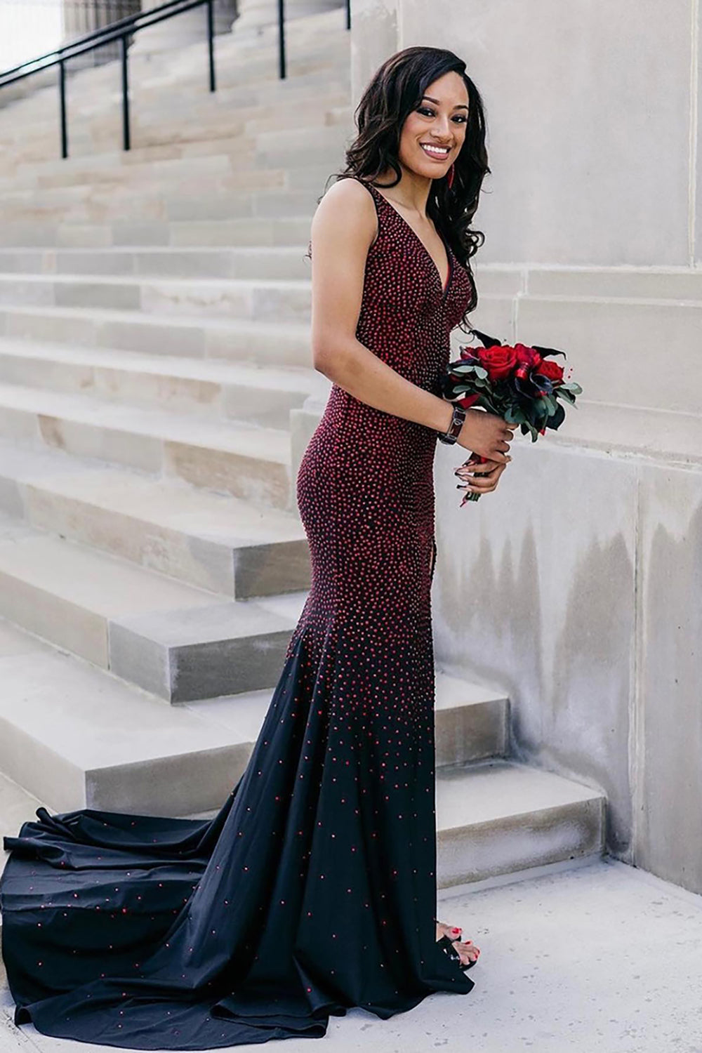 Black Burgundy Prom Dress Mermaid Beaded Formal Dress