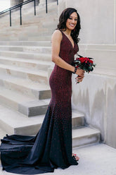 Black Burgundy Prom Dress Mermaid Beaded Formal Dress