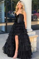 Black Corset Prom Dress Sweetheart A-Line Tiered Long Tulle Evening Dress with Slit