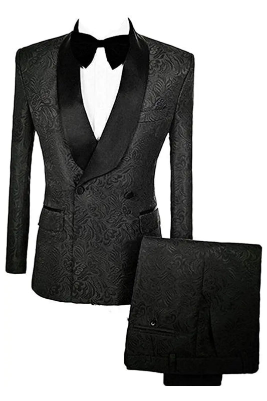 Black Double Breasted Jacquard Wedding Suit with Velvet Lapel