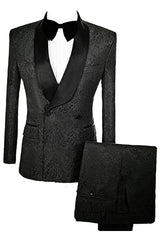 Black Double Breasted Jacquard Wedding Suit with Velvet Lapel