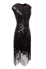 Black Gatsby Glitter Cape Sleeves Fringe 1920s Dress