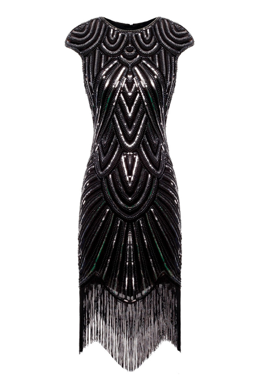 Black Gatsby Glitter Cape Sleeves Fringe 1920s Dress