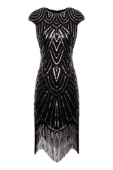 Black Gatsby Glitter Cape Sleeves Fringe 1920s Dress