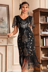 Black Gold V-Neck Batwing Sleeve Fringe 1920s Gatsby Dress