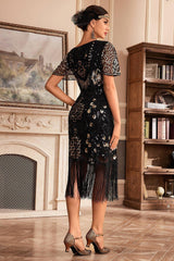 Black Gold V-Neck Batwing Sleeve Fringe 1920s Gatsby Dress
