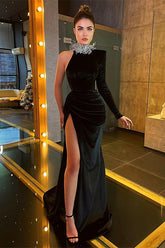 Black High Neck Long Sleeve Velvet Evening Dress