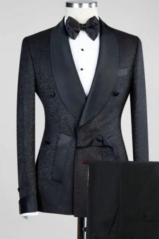 Black Jacquard Double Breasted Shawl Lapel Wedding Suit