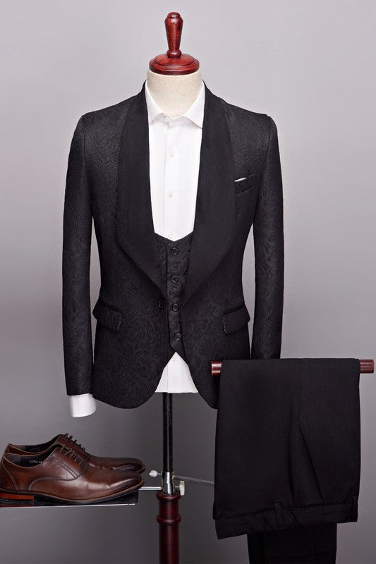 Black Jacquard One Button Three Piece Wedding Suit for Men