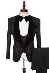 Black Jacquard Three Piece Shawl Lapel Wedding Suit