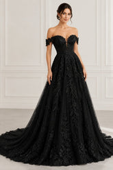 Black Lace A Line Wedding Dress with Plunging Sweetheart and Off Shoulder Straps