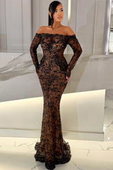 Black Lace Mermaid Prom Dress with Long Sleeves and Sheer Side Panels