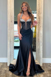 Black Mermaid Fit With Sweetheart Bodice Beaded Detail And Thigh Slit Prom Dress Formal Evening Gown