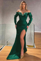 Black Mermaid Prom Dress Long Sleeve Off the Shoulder Beaded Evening Dress
