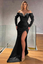 Black Mermaid Prom Dress Long Sleeve Off the Shoulder Beaded Evening Dress