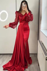Black Mermaid Prom Dress Long Sleeve V Neck Satin Sequined Evening Dress