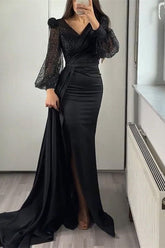 Black Mermaid Prom Dress Long Sleeve V Neck Satin Sequined Evening Dress
