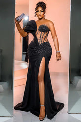 Black Mermaid Prom Dress One Shoulder Beaded Evening Dress