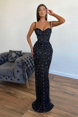 Black Mermaid Prom Dress Sleeveless Beaded Spaghetti Straps Evening Dress
