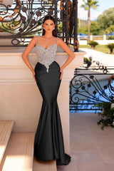 Black Mermaid Prom Dress Sleeveless Spaghetti Straps Beaded Evening Dress