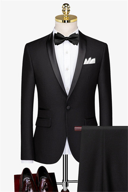 Black One Button Shawl Lapel Wedding Suit