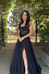 Black Prom Dress A Line Corset Long Evening Dress with Slit
