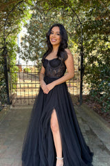 Black Prom Dress A Line Corset Long Evening Dress with Slit