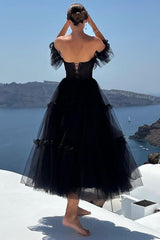Black Prom Dress A-Line Corset Ruffled Tulle Graduation Dress