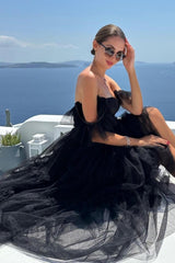 Black Prom Dress A-Line Corset Ruffled Tulle Graduation Dress