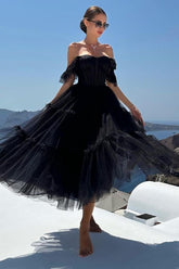 Black Prom Dress A-Line Corset Ruffled Tulle Graduation Dress
