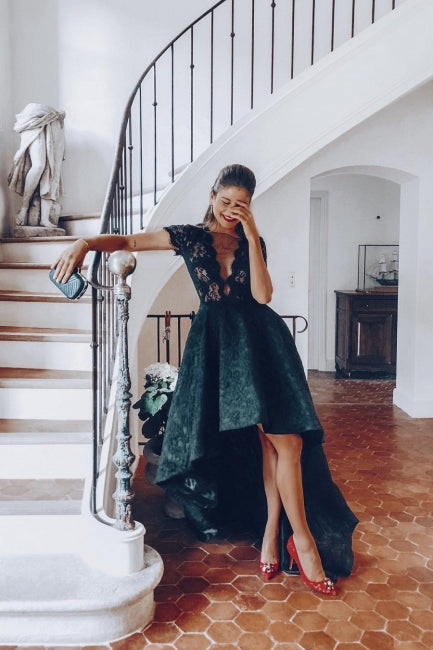 Black Prom Dress A Line Crew Beaded Lace Sleeveless Hi Lo Floor Length Formal Dress