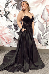 Black Prom Dress A Line Lace Backless Satin Formal Dress