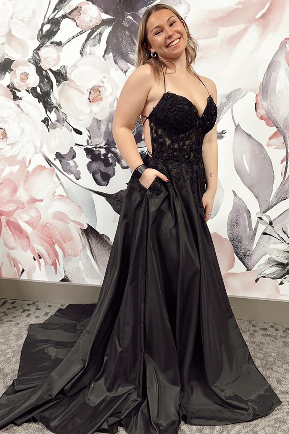 Black Prom Dress A Line Lace Backless Satin Formal Dress