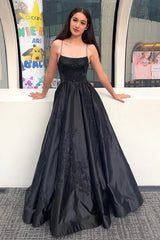 Black Prom Dress A Line Lace Satin Formal Dress
