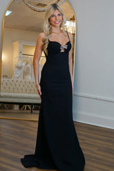 Black Prom Dress A Line Spaghetti Straps Long Formal Dress With Bow
