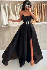 Black Prom Dress A Line Strapless Sleeveless Satin Simple Formal Dress With Sash