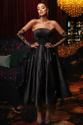 Black Prom Dress A Line Strapless Sleeveless Tea Length Satin Formal Dress With Flowers