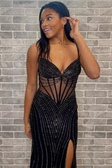 Black Prom Dress Beaded Mermaid Corset Long Evening Dress with Slit