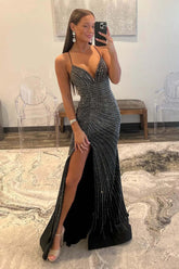 Black Prom Dress Beaded Mermaid Spaghetti Straps Long Evening Dress with Slit