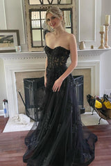 Black Prom Dress Corset A-Line Tulle Long Evening Dress with Lace